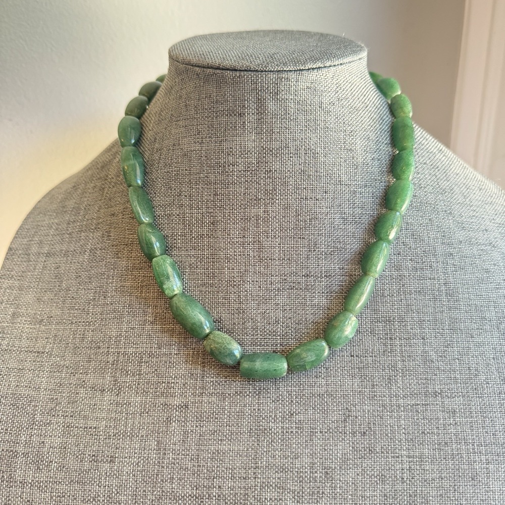 Vintage Green Aventurine Barrel Bead Necklace‎ 18" Brass Clasp Charleston Estate